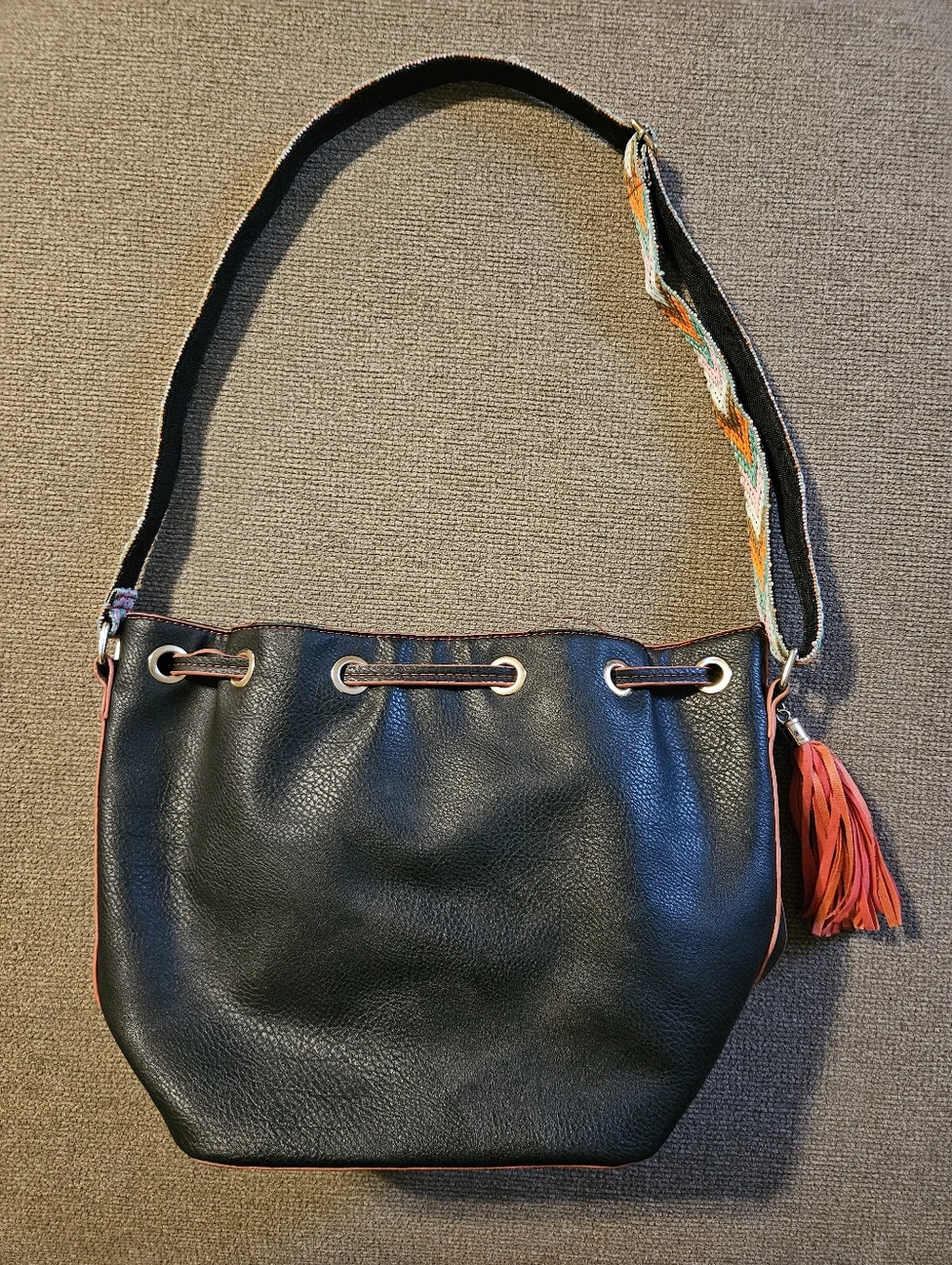 Embroidered Floral Bucket Shoulder Bag in Black and Orange
